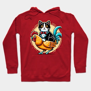 Tuxedo Cat on a Chicken Funny Hoodie